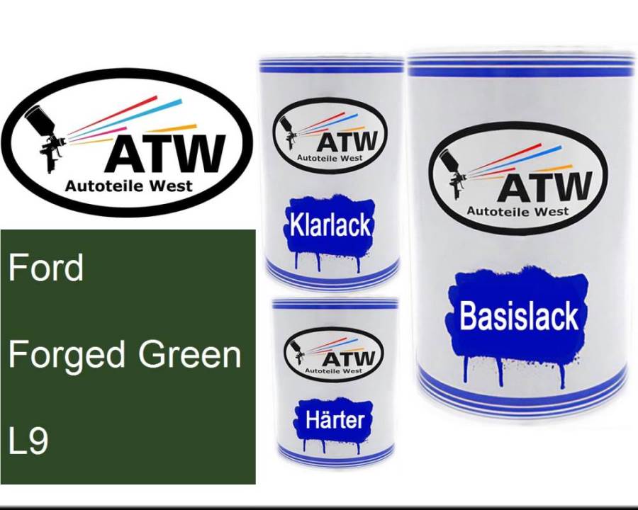 Ford, Forged Green, L9: 500ml Lackdose + 500ml Klarlack + 250ml Härter - Set, von ATW Autoteile West.